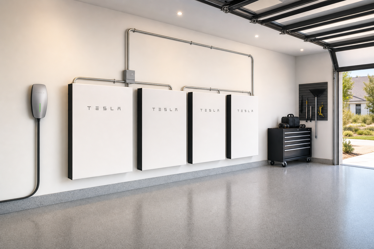 Tesla Powerwall home battery storage units in modern garage