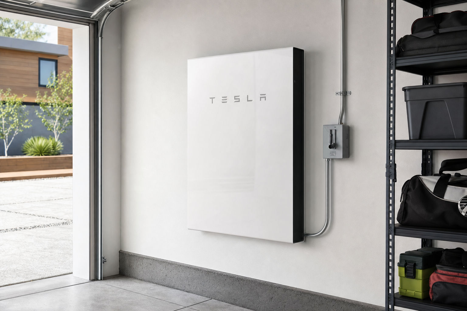 Tesla Powerwall home battery storage unit mounted on garage wall