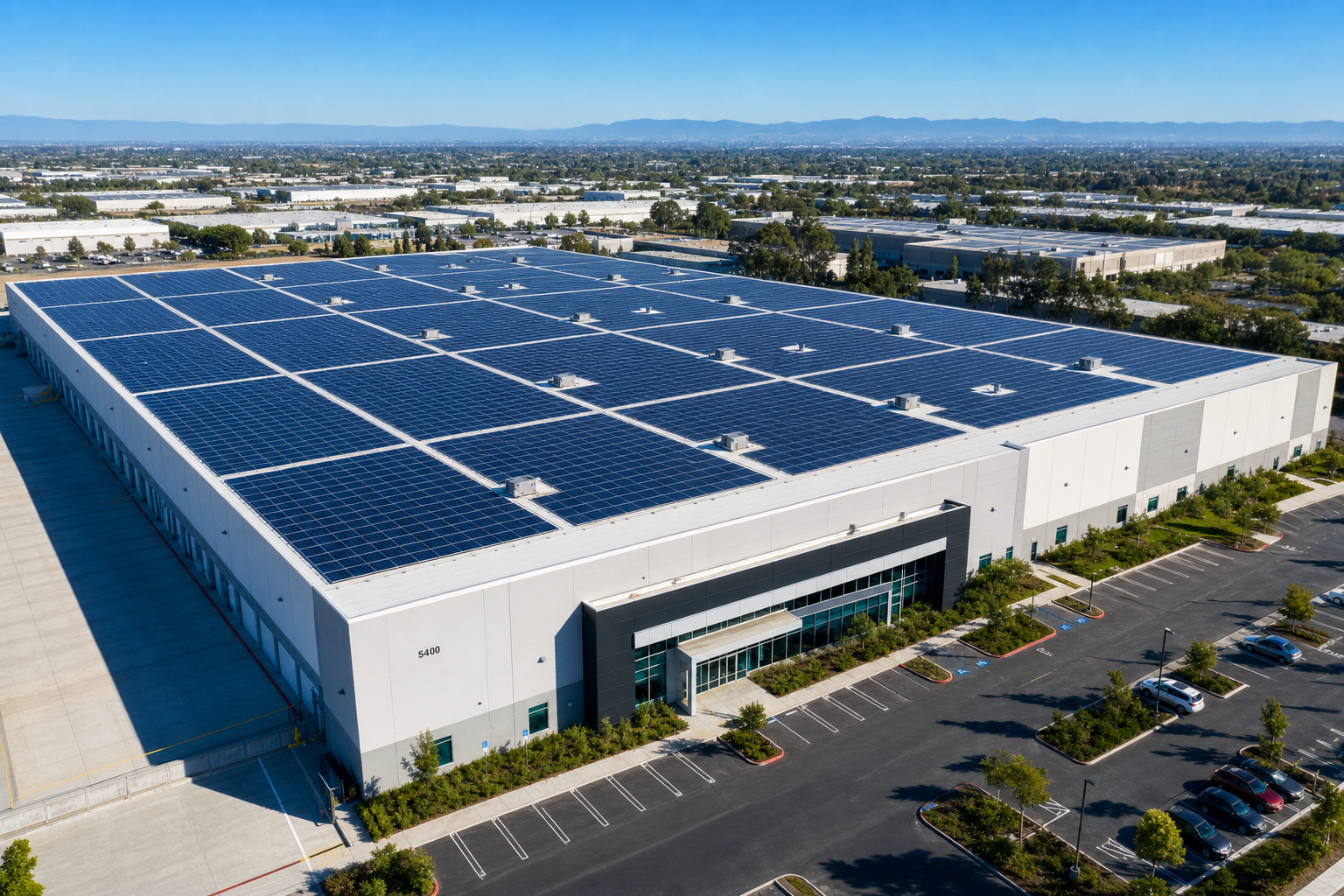 Commercial building with large rooftop solar installation