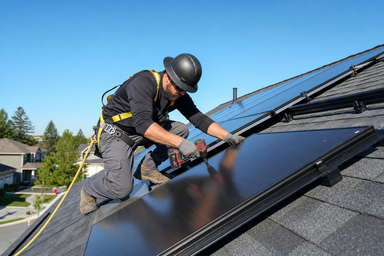 Solar installer mounting panels on residential rooftop in Denver Colorado