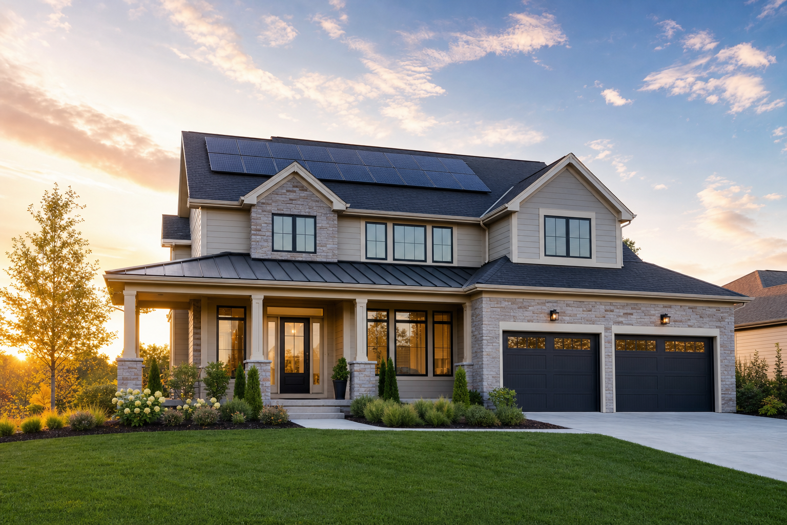 Modern residential home with rooftop solar panels installed