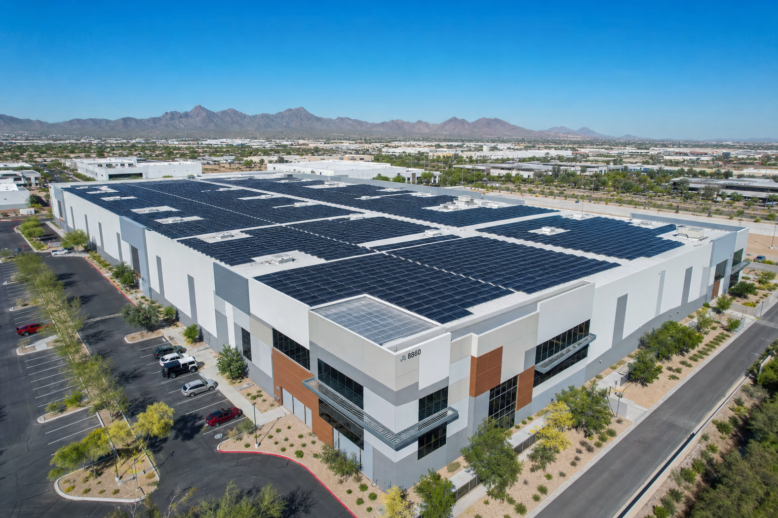 Commercial facility in Phoenix Arizona with full rooftop solar installation