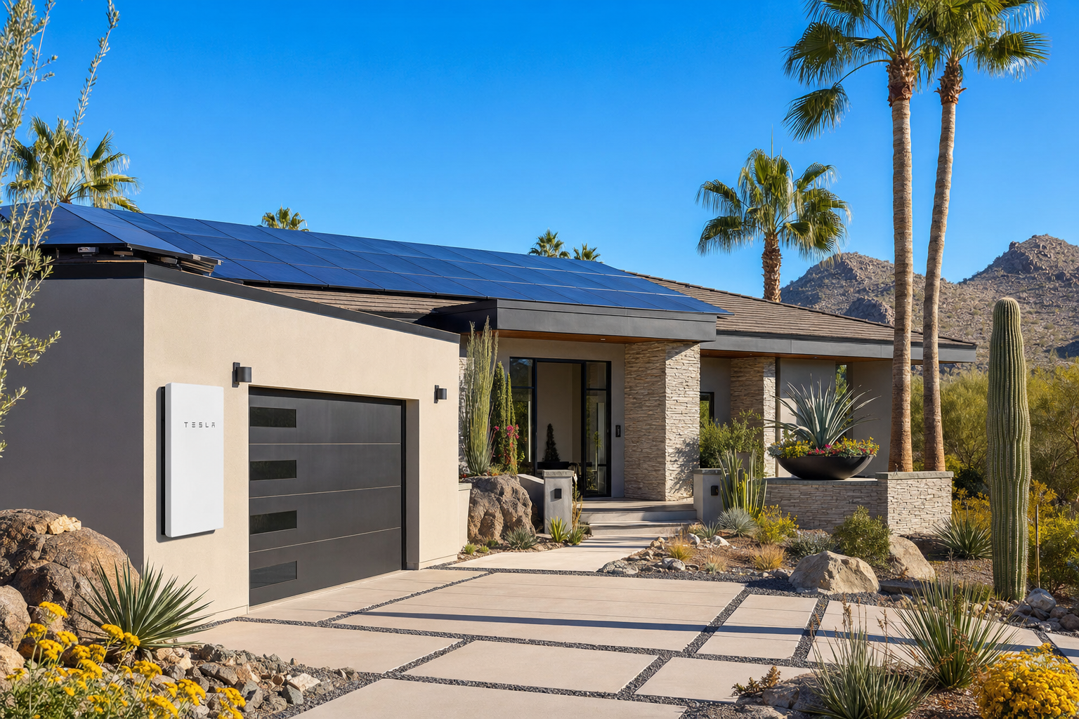 Modern home with solar panels and battery storage system